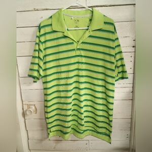Adidas Men's Size Large Climalite Green Stripe Golf Polo Shirt, Short Sleeve.